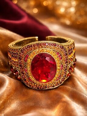 Heidi Daus Ruby Red Crystal Statement Cuff Bracelet Gold Tone Wide Glam